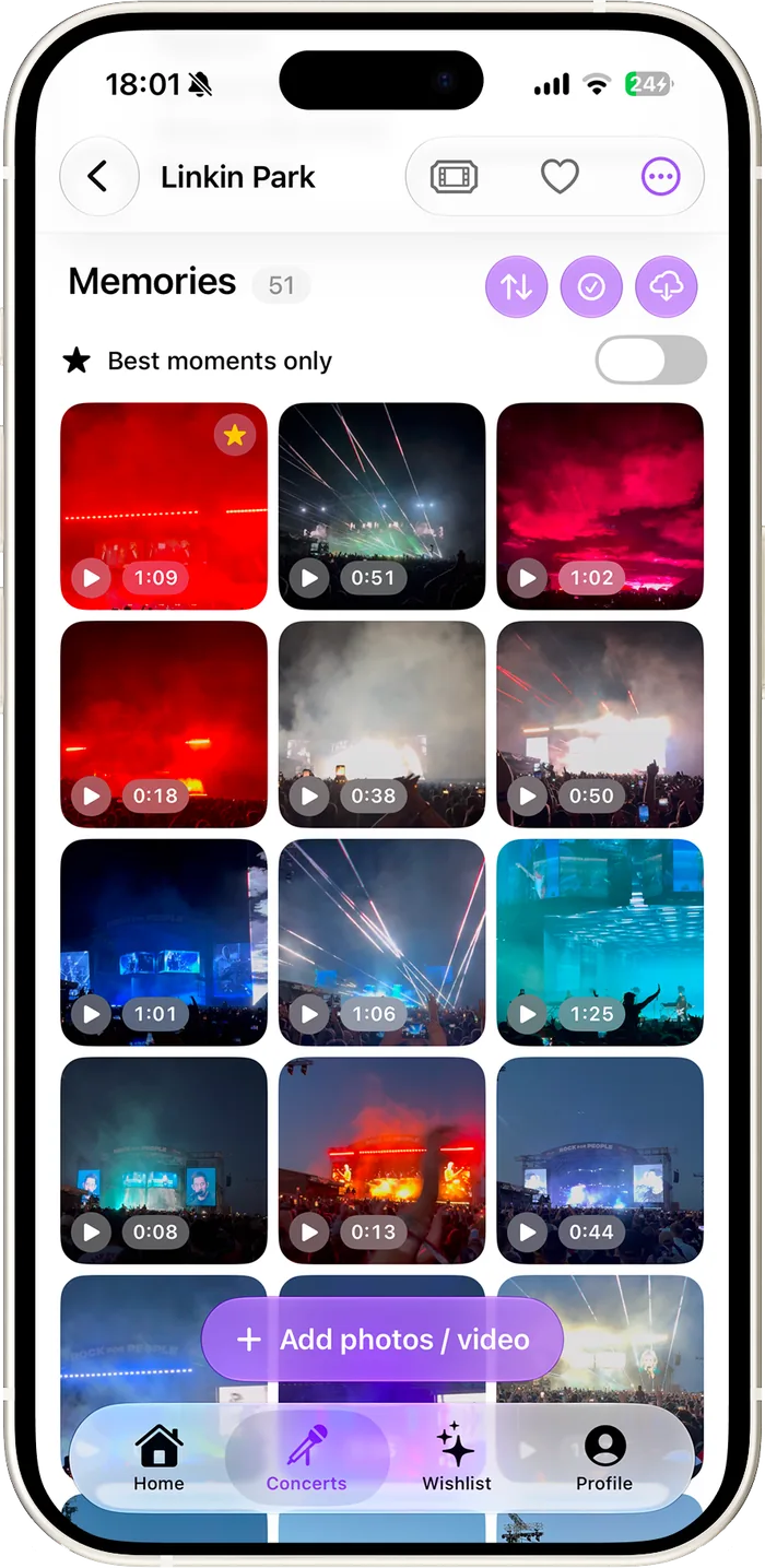 A concert's gallery: a grid of videos from a Linkin Park show, each with its running time.