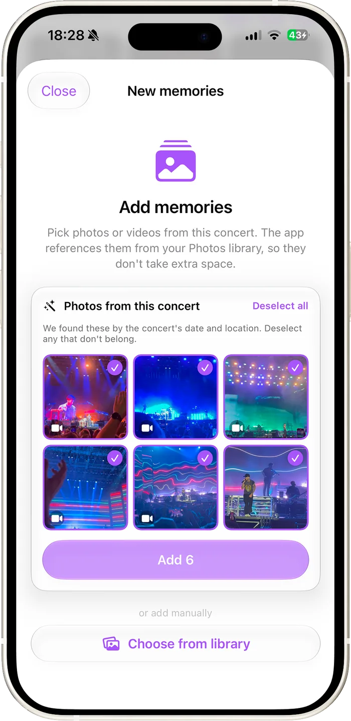 Add memories: photos found automatically for this concert, each ticked and ready to add.