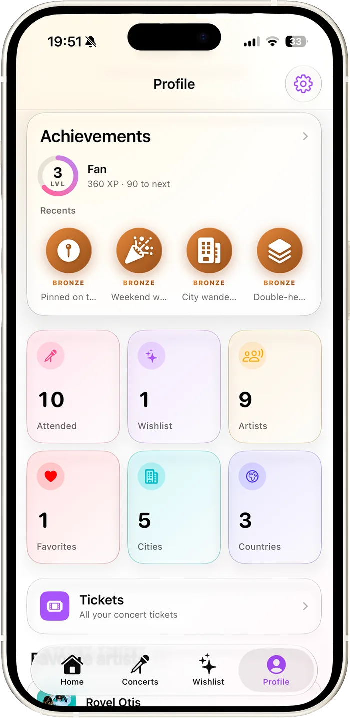 The profile screen: level and achievements, recent badges, and tiles counting concerts attended, artists, cities and countries.