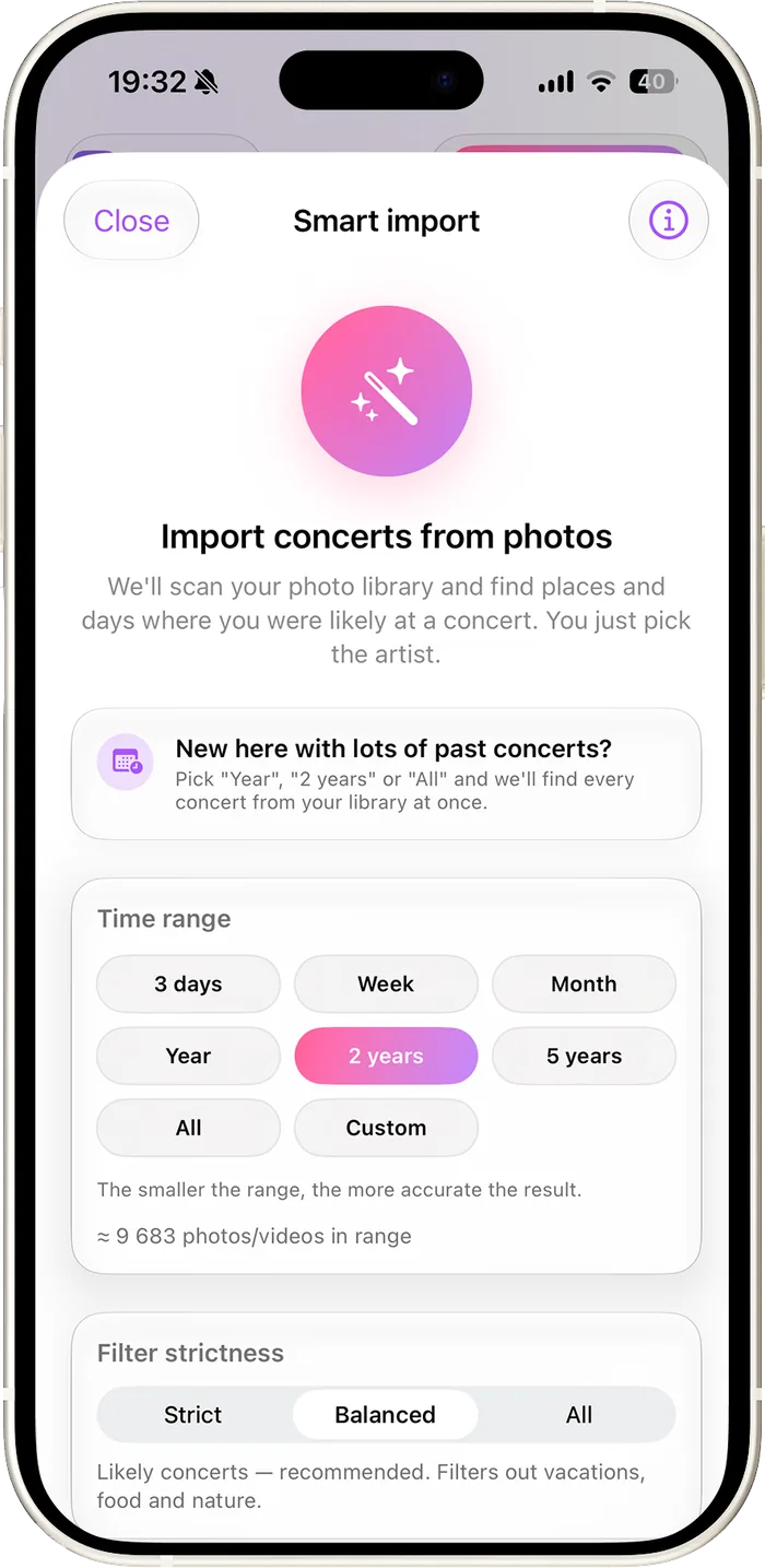 Smart Import, with a time range to scan and a filter strictness setting.