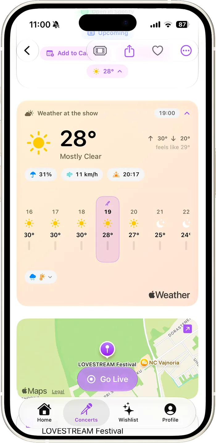 An upcoming concert showing the weather at the show — 28 degrees, hour by hour — above a map of the venue and a Go Live button.
